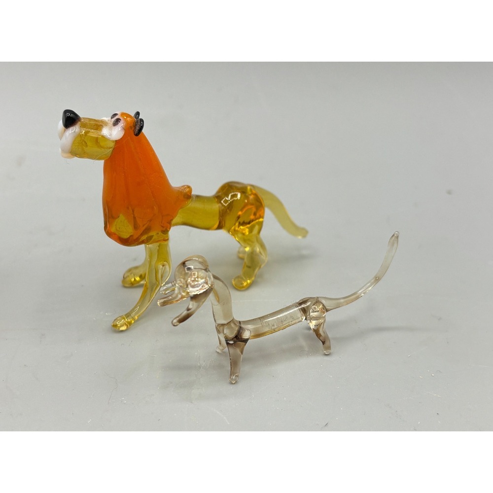 Vintage Hand Blown Art Glass Miniatures Lion and Dachshund Dog Figurines 2pc Set